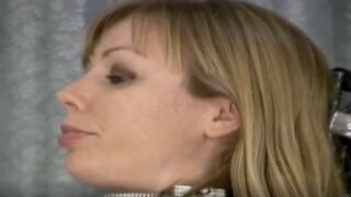BDSM bondage fucking machine excites lesbians secured to a bondage chair