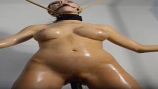 Bondage porno fucking machine uses oiled, tied-up girl